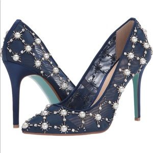 Betsey Johnson Blue Navy Satin Val Bejeweled Wedding Pumps
